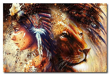 Abstrakte einheimische indische Mädchen und Löwen Druck Gemälde auf Leinwand Modernes Wohnzimmer Nordische Wandkunst Poster für Dekoration GIF(30x45cm NO Frame)