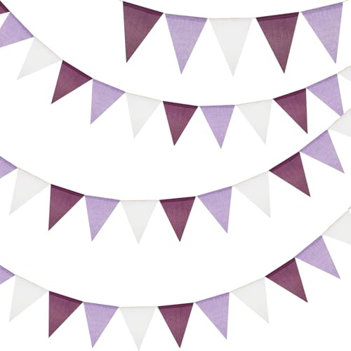 G2PLUS Wimpelkette Outdoor Wetterfest Lila Weiß, 12M Indoor Party Wimpel Girlanden, Wimpelketten Garten mit 36 STK Wimpel, 3 Stück Jute Wimpelketten für Geburtstag, Garten, Party