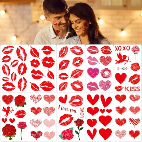 83pcs/10 Sheets Red Pink Kiss Tattoo Temporary Stickers Fake Lips Temporary Tattoo Stickers Red Lipstick Kiss Stickers Stickers Sexy Tattoos Sticker for Adult Women Valentines Day Theme Decorations