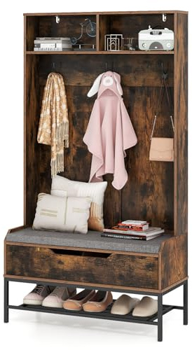 HOMASIS 4 in 1 Stand Appendiabiti da Terra, Mobile Ingresso con Scarpiera, Cassetto, Panca per Scarpe, 2 Scomparti e 3 Ganci, Armadio Aperto da Corridoio, Camera da Letto, 90 x 39 x 170 cm (Marrone)