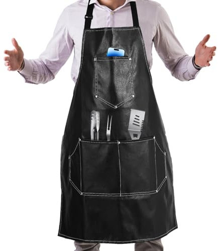 TTSTOIEE Kochschürze PU Leder, Grillschürze für Männer und Frauen mit 5 Taschen verstellbar, Grill schürze für Küche, Restaurant, Cafe, Werkstattreparatur, maschinenwaschbar sein(Schwarz)