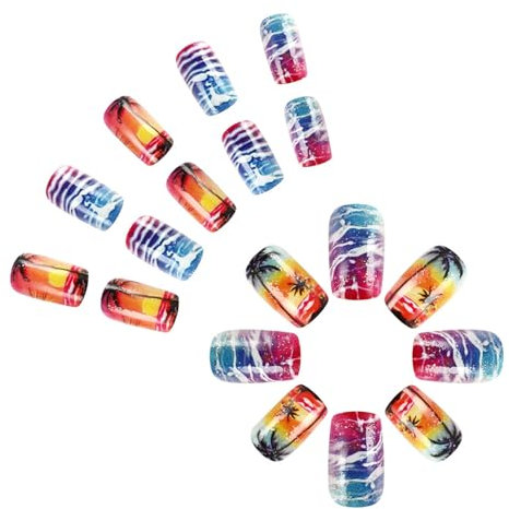 Quadratische Falsche Nägel Mit Sunset Beach Palm Tree Designs Acrylpresse Auf Nägeln Für Arbeitsdaten Partys Und Ferien