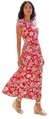 Roman Midi Dress with Pockets for Women UK Ladies Stretchy Jersey Maxi Long Short Sleeve Elasticated Gathered High Waist Boho Flattering Skater Swing Fit Flare - Floral Red - Size 20
