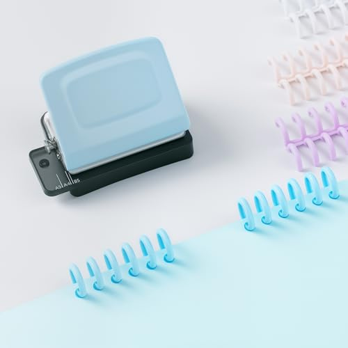 Macchina Rilegatrice a Spirale - Mini Perforatrice a 6 Fori, Macchina Rilegatrice Creativa Fai da Te per Agenda, A4-30 Fori, A5-20 Fori, B5 26 Fori con 16 Pz Fogli Mobili a 6 Fori - Blu