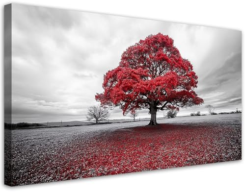 Feeby Bilder - Foto Geschenk - Rote Baumlandschaft - 120x60 1tlg - Leinwandbilder Wohnzimmer - Wandbild über dem Bett - Bild Schlafzimmer - Aesthetic Zimmer Deko - Modern Pictures