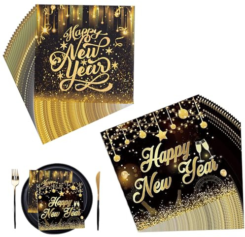 FMPXYYA Silvester Servietten 2026, 40 Stück Happy New Year Servietten in Schwarz Gold, Elegante Neujahrsdeko für Silvesterparty, Perfekte Tischdekoration für Festlichkeiten