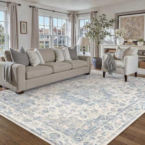 HUGEAR Vintage Teppich Wohnzimmer 160x230cm Blau Waschbar | Waschbarer Retro Teppich,Weich,Rutschfest Kurzflor,Groß,für Wohnzimmer,Schlafzimmer, Esszimmer,Büro,Carpet,Teppiche