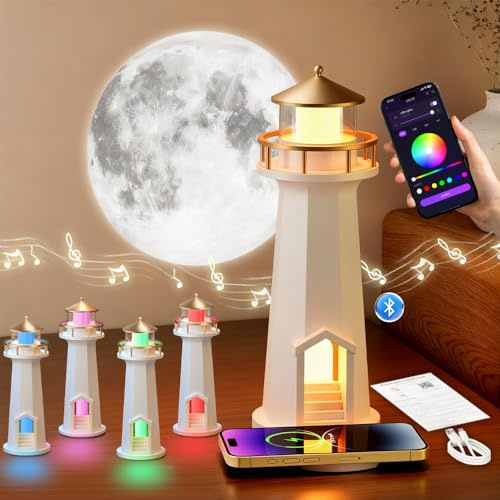 Leuchtturm Deko Mit Licht, Leuchtturm Mit Licht APP Steuerung, Leuchtturm Led, Leuchtturm Mit Mondlampe, Projektion Mondlampe Mit Musik Bluetooth, Geeignet Für Weihnachts- Und Geburtstagsgeschenke