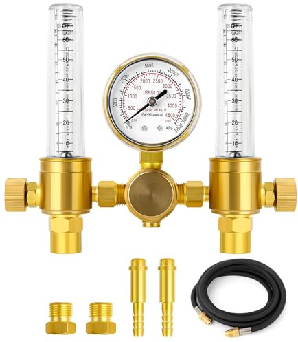 MEANLIN MEASURE Medidor de flujo del regulador de argón con manguera 3M,CGA580 Conexión de entrada,5/8 x 18RH Racor de salida,Caudalímetro de soldadura de argón de doble salida para soldador TIG MIG