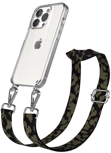 EAZY CASE Handykette - Verstellbares Taschenband kompatibel mit iPhone 15 Pro, Schulterriemen, Handykordel mit Silikon Hülle, Umhängetasche, Dunkelgrün Camouflage Silber