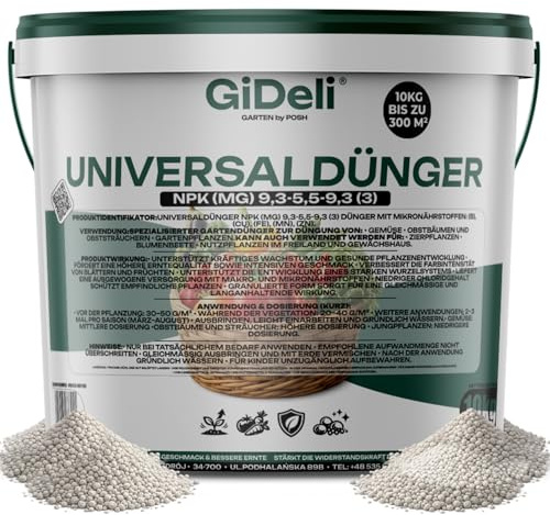 GiDeli Universaldünger 10kg im Eimer - Dünger Garantiert Gesunde und Nährstoffreiche Ernten - Gemüsedünger Niedriger Chloridgehalt - Langzeitdünger Einflussnahme auf die Pflanzenentwicklung