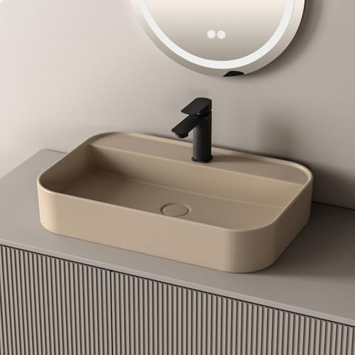 EMKE Waschbecken Bad - Aufsatzwaschbecken Matt Pale Beige, 60,3 x 40,1 x 11 cm Keramik Waschbecken für Badezimmer & Gäste-WC, Eckig Hängewaschbecken, Hochwertiges Waschtisch Aufsatzbecken badezimmer