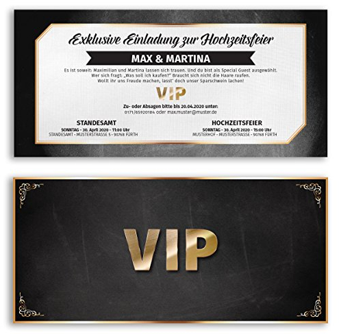 (20 x) Hochzeitseinladungskarten VIP Ticket Gold edel Einladungskarten Hochzeit