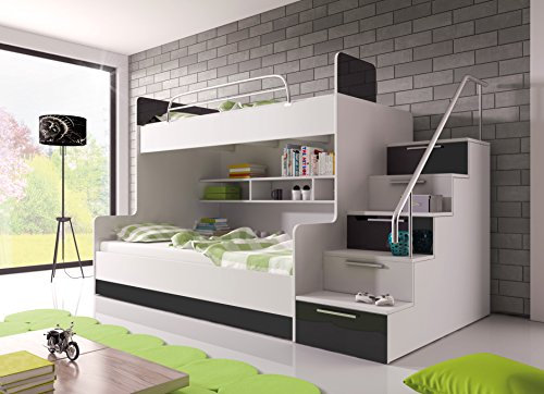 Möebel für Dich Hochglanz Etagenbett Doppelbett Alex mit Regalen, Treppe und Bettkasten in weiß/schwarz/rosa/grau/violett/blau (schwarz)