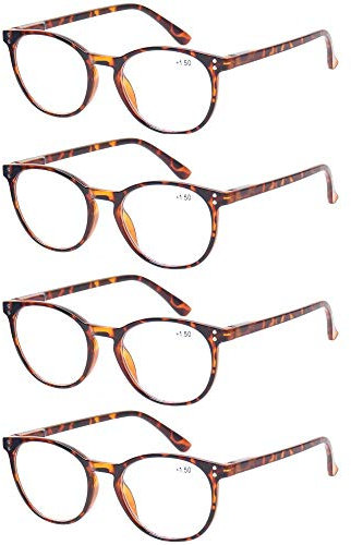 Kerecsen 4 Pack Retro Round Reading Glasses Men Women Spring Hinges Lightweight Quality Readers (2.50, 4 Pack Tortoise)