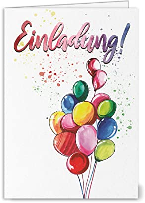15 Einladungskarten & 15 Umschläge & 15 Sticker „Party-Ballons“ Klappkarten im Qualitätsdruck als SET zum Geburtstag, Party, Feier.
