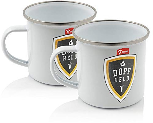 BBQ-Toro Emaille Tasse Dopfheld (2 Stück) | 350 ml - weiß | Emaillebecher mit Edelstahl Trinkrand | Emaille Becher, Camping Kaffeebecher Metall, Outdoor Tasse | Camping Zubehör