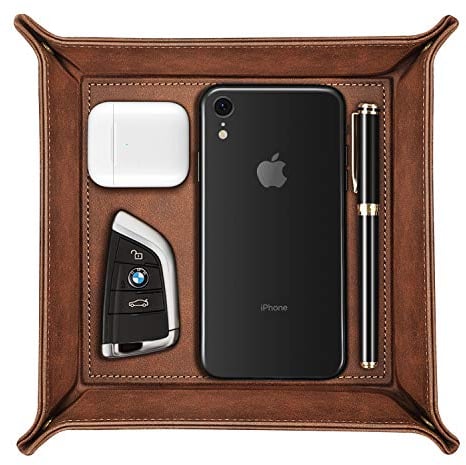 SITHON Valet Tray Desktop Storage Organiser – Premium PU Leather Catchall Tray Bedside Vanity Tray Nightstand Caddy Holder for Remote Controller, Keys, Phone, Wallet, Coin, Jewelry, (Brown)