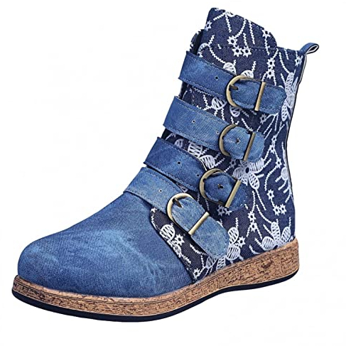 Stivali Donna Moda Denim Cerniera Tacco Spesso Scarpa Western Inverno Punta Tonda Caviglia (42,Blu)