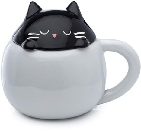 Puckator Feline Fine Cat Peeping Lid Ceramic Lidded Animal Tea Coffee Mug - Funny Home Accessories Cute Gifts for Girlfriend Large Mugs for Men Women Hot Drinks Cute Cups Presents Secret Santa Gift