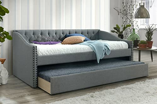 Regal Grey Linen Fabric Day Bed | 3ft Single Storage Guest Bed with Pull out Trundle