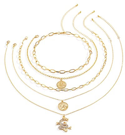 BCughia Halskette Gold, Vergoldete Kette Damen 5 Reihige Karabinerverschluss Weiß Runden Drachenmünzen Design Freundin Damen 45Cm