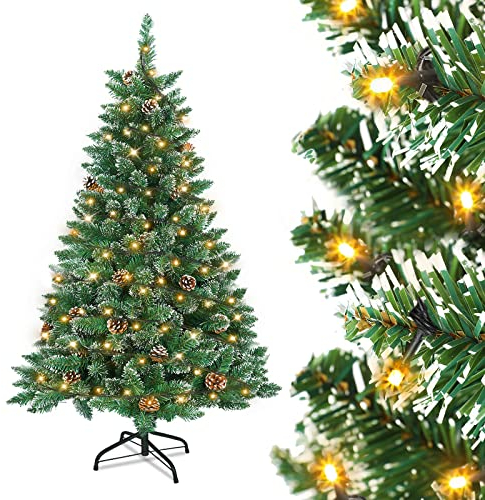 Aufun Albero di Natale artificiale con illuminazione, Albero di Natale 120 cm con neve e pigne, abete nobile, montaggio rapido, incluso supporto per albero di Natale
