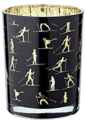 EDZARD Windlicht Glas Monty (H 13 cm, Ø 10 cm), schwarz, Skifahrer-Motiv | Leuchtet golden im Kerzenschein, durchscheinend ins Glas gearbeitet statt bedruckt · schützt die Flamme vor Zugluft