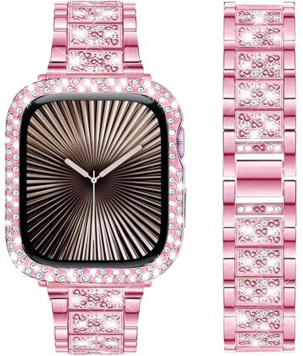 DEALELE Bands and Case Compatible with Apple Watch Series 6/5 / 4 / SE (44mm), Bling S-Texture Diamond Metal Strap with Protective Case Cover Replacement for iWatch 44mm Women Men (Pink)
