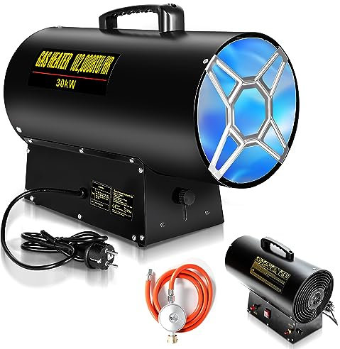 Ikodm Gasheizung für innenräume, 30KW 220V Gasheizgerät Gasheizer Gasheizgebläse Propangasheizgebläse 650 m³/h Luftdurchsatz, mit 1,2m Gasschlauch und 700 mbar Druckminderventil