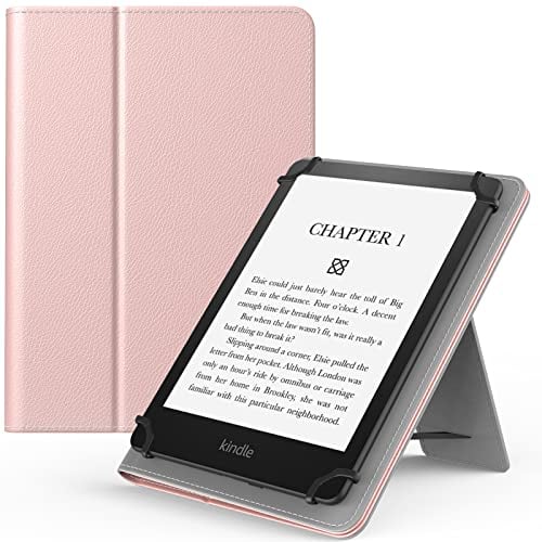 MoKo Universal Hülle Kompatibel mit 6 6,8 7 Zoll Fire Tablet/Kindle/Kobo/Voyaga/Sony Kindle Tablet E-Reader, PU Tablet Schutzhülle mit Handschlaufe und Stabilem Kickstand Leichte Hülle, Roságold
