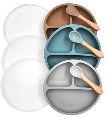 Roxidou baby® Set De 3 Assiettes Ventouse Pour Bébé Avec Couvercles Et Cuillères - Ensemble Repas Complet en Silicone Alimentaire, Lavable Au Lave-Vaisselle Et Micro-Ondable
