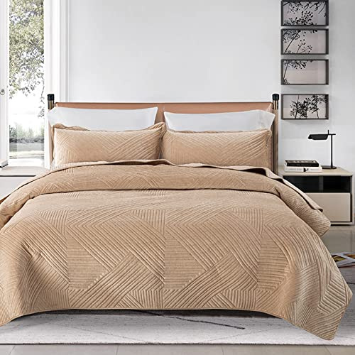 XIUWOUG Tagesdecke 220X240 Mit Kissen Bezüge Bettüberwurf 3 Teilig Kristallsamt Steppdecke Wendedesign Bettdecke Stepp Decke Weich & Komfort Sofaüberwurf Für Schlafzimmer,Beige,240x250