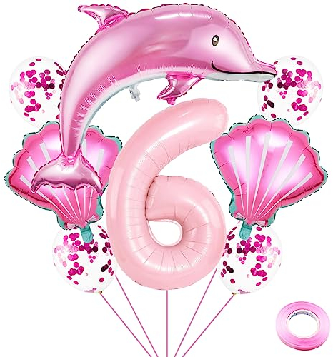 Weenkeey 6 Jahre Delfin Geburtstag Deko Große Delfin Folienballon 6. Geburtstag Delfin Ballons Rosa Zahl 6 Luftballon für Mädchen Geburtstag Party