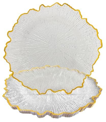 CN JIAHE 13inch Clear Acrylic Reef Gold Rim Charger Plates Set of 8, for Dinner, Wedding, Party, Event Decoration.