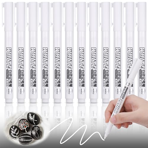 JIANTA Marqueur Acrylique, 12 Feutre Blanc Indelebile, Imperméable, 1mm Pointe Fine, Marqueur Permanent Blanc pour Pneu, Galets, Bois, Verre, Metal, Céramique, Bois