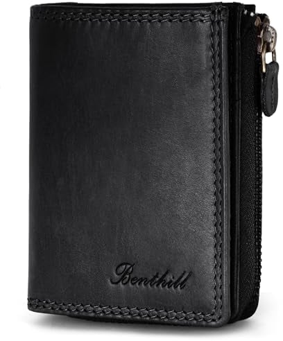 Benthill Kleine Geldbörse Echt Leder | Damen & Herren Geldbeutel mit RFID Schutz | 7 Kartenfächer | Slim-Wallet inkl. Geschenkbox, Farbe:Schwarz