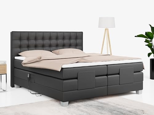 MKS MEBLE Boxspringbett 180x200 elektrisch verstellbar 7-Zonen Taschenfederkern Matratze inkl Visco Topper Bett 180x200 mit Motor Polsterbett Motorbett - Elektro - Dunkelgrau Kunstleder - H3