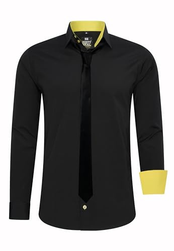 Rusty Neal Herren-Hemd Premium Slim Fit Langarm Stretch Kontrast Hemd mit Krawatte Business-Hemden Outfit Freizeithemd Set 44_99