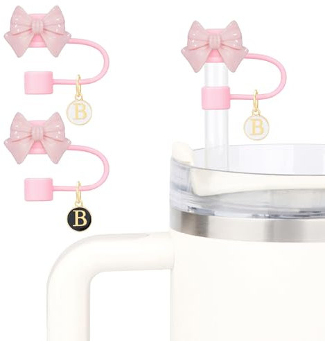 Trinkhalm-Abdeckung für Stanley-Becher mit 2 Anfangsbuchstaben, Namens-ID-Zubehör, kompatibel mit Stanley 76 und 10 mm Strohhalm-Aufsatz, Trinkhalm-Abdeckkappe für Trommelbecher (rosa Schleife + B)
