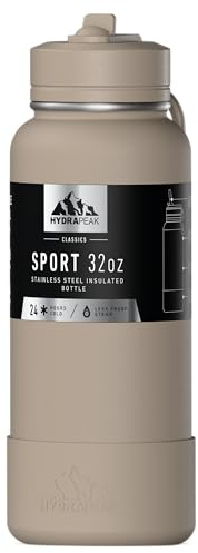Hydrapeak Insulated Sports Water Bottle with Straw or Sip Lid, Leak-Proof, Keeps Drinks Cold for 24 Hours, Hot for 12 Hours, Premium Stainless Steel Water Bottles (32oz, Latte)