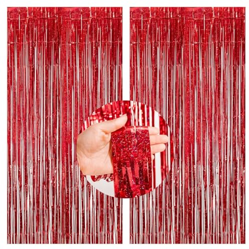2 Stück Rot Glitzer Lametta Vorhänge(1m x 2.5m),Metallic Folienvorhänge Tinsel Curtain für Geburtstag Brautparty Babyparty Hochzeit Valentinstag Party Dekorationen