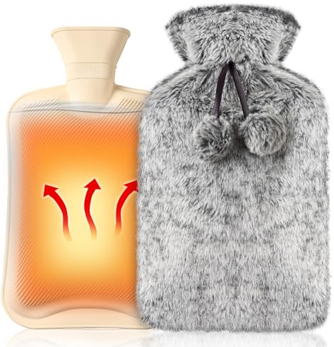 Borsa Acqua Calda in Gomma Naturale, 2L Grande Capienza con Morbida Fodera in Peluche e Pile, Ideale per Ridurre i Dolori e Calore di Mano, Piede, Schiena - Premium Boule Acqua Calda - GRIGIO