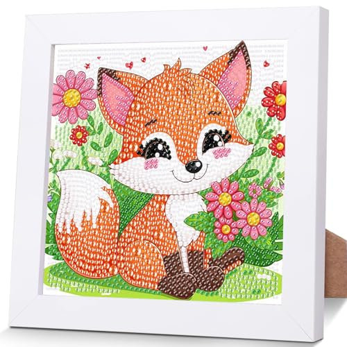 luckyarina Fuchs Diamond Painting Kinder mit Rahmen- Tiere Diamant Painting Bilder kinder, Niedlich Mosaik Bastelset Kinder als Geschenk für Home Wand Décor 18X18CM