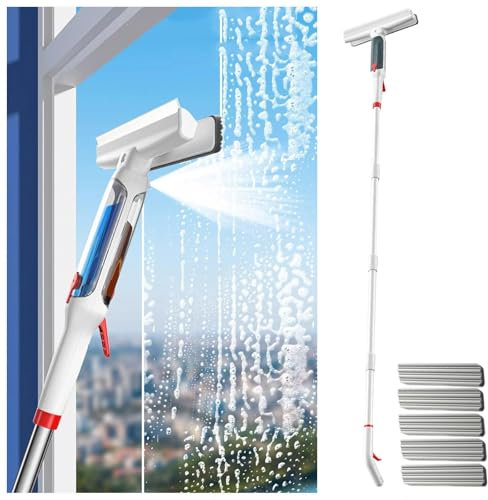 RYJYQYX 4 en 1 Spray Limpiacristales con Varilla De Extensión, Limpiacristales Coche con Colector De Aguas Residuales Y 5 Paños para Ventanas Altas Interior/Exterior