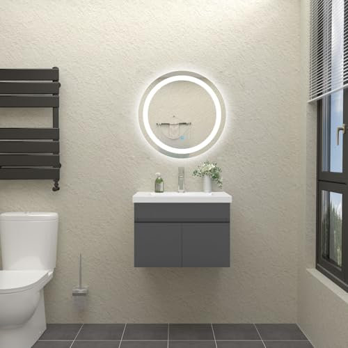 HAPAOSO Ensemble de Ensemble Meuble Salle de Bain avec lavabo + Meuble sous Vasque(2 Portes)+ Miroir LED Rond 60cm, Couleur Anthracite