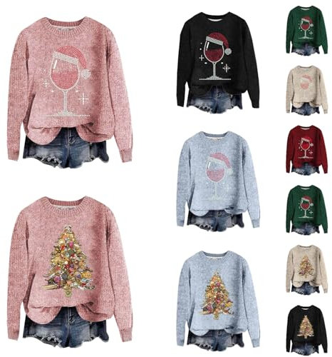 Generisch Weihnachtskleidung Pullover Damen Weihnachten Weinglas Weihnachtsbaum Drucken Strickpullover Damen Rundhals Damenpullover Langarm Festliche Kleidung Pullover Damen Elegant