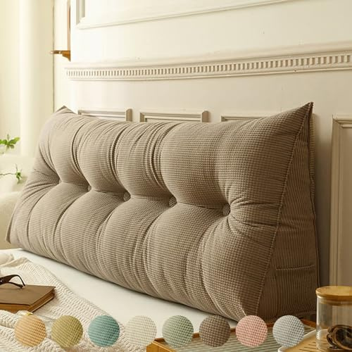 Rückenkissen Bett Khaki 80cm, Groß Lesekissen für Bett und Sofa, Cord Bettkissen Rückenlehne Rückenpolster Keil Kopfteil Kissen, Dreieckige Rückenstützkissen Keilkissen Lendenkissen Kopfkissen