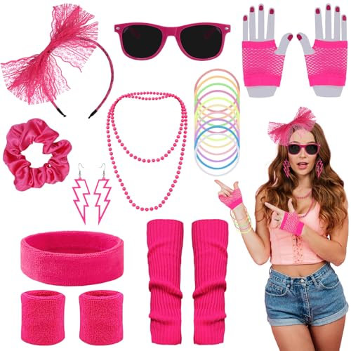 80er Jahre Accessoires Outfit Damen, 80er Jahre Outfit Damen Set mit Stirnband Neon, Beinwärmer, Armbänder, Brille und Ohrring 90er Jahre Kleidung Damen Set für Fasching Karneval Thema (Rosarot)