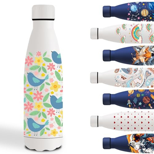 Gourde Isotherme, 500ml Gourde Enfant, Facile à Nettoyer, Gourde Personnalisée avec les Oiseau, Gourde Sport Sans BPA, Bouteille d'eau anti Fuite, Thermos pour l'École, Bureau, Voyage, Sports, Blanc